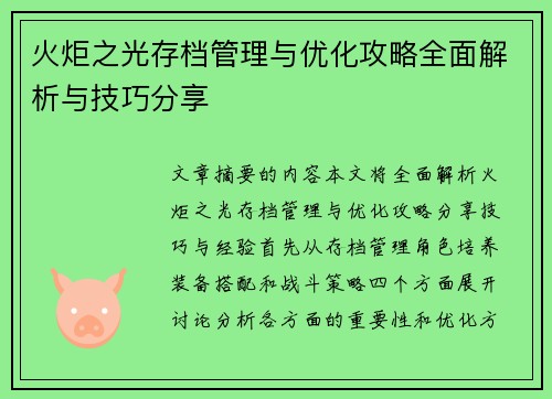 火炬之光存档管理与优化攻略全面解析与技巧分享